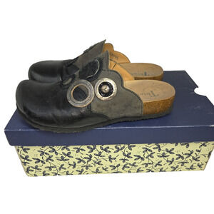 Think! Slide Sandals Black Leather Cutout Cork Comfort Sz 7 Womens Shoes Cafe